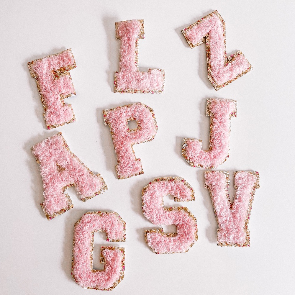 Pink Glitter Chenille Gold Monogram Letter Patch
